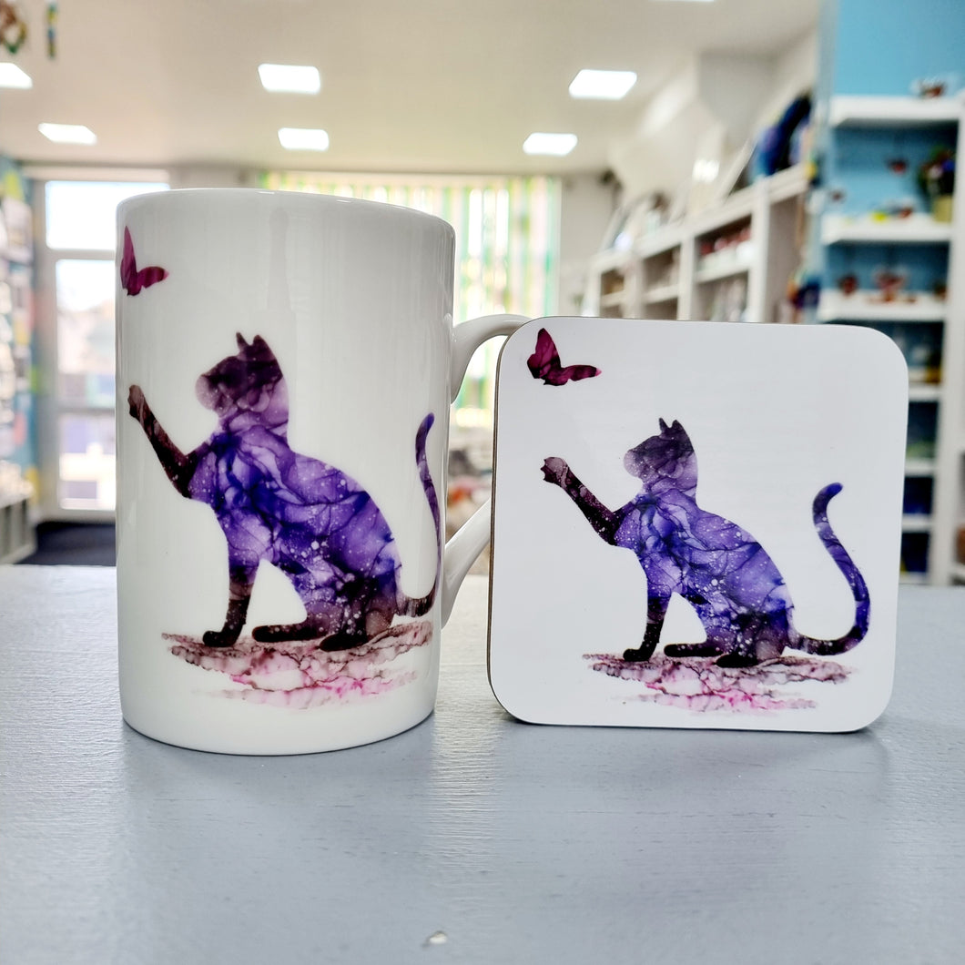 Mug - Cat and Butterfly - Nichol Stokes Designs - Alcohol Ink Artwork