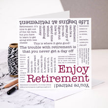 Load image into Gallery viewer, Greetings Card - Enjoy Retirement - Word Cloud Retirement Quotes - Retirement Card - Coulson Macleod
