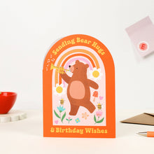 Load image into Gallery viewer, Greetings Card - Whimsical Bear Hugs Birthday Card with Rainbow and Flowers - Mifkins
