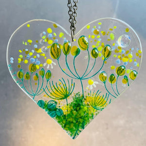 Glass Decoration - Hanging Heart Glass Decoration - Summer Meadow - Twice Fired