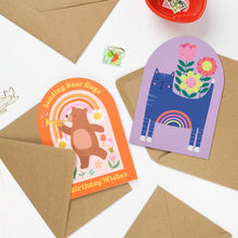 Load image into Gallery viewer, Greetings Card - Whimsical Bear Hugs Birthday Card with Rainbow and Flowers - Mifkins
