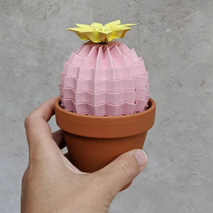 Pink Origami Cactus with Yellow Flower - Paper Cacti - Origami Blooms