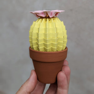 Origami Cactus- Yellow with Pink flower - Paper Cacti - Origami Blooms