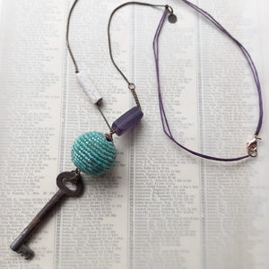 Vintage Key and Aqua Bead Pendant - Urban Magpie