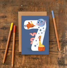 Load image into Gallery viewer, Age Seven Crazy Critters Greeting Card - 7th Birthday - Emily Nash Illustration
