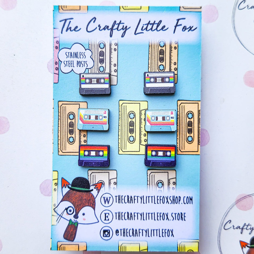 Retro Cassette Earrings - Wooden Stud Earrings - The Crafty Little Fox