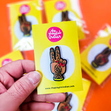 Load image into Gallery viewer, Acrylic Pin - Peace Mendhi Hand - Pin Badge - The Playful Indian
