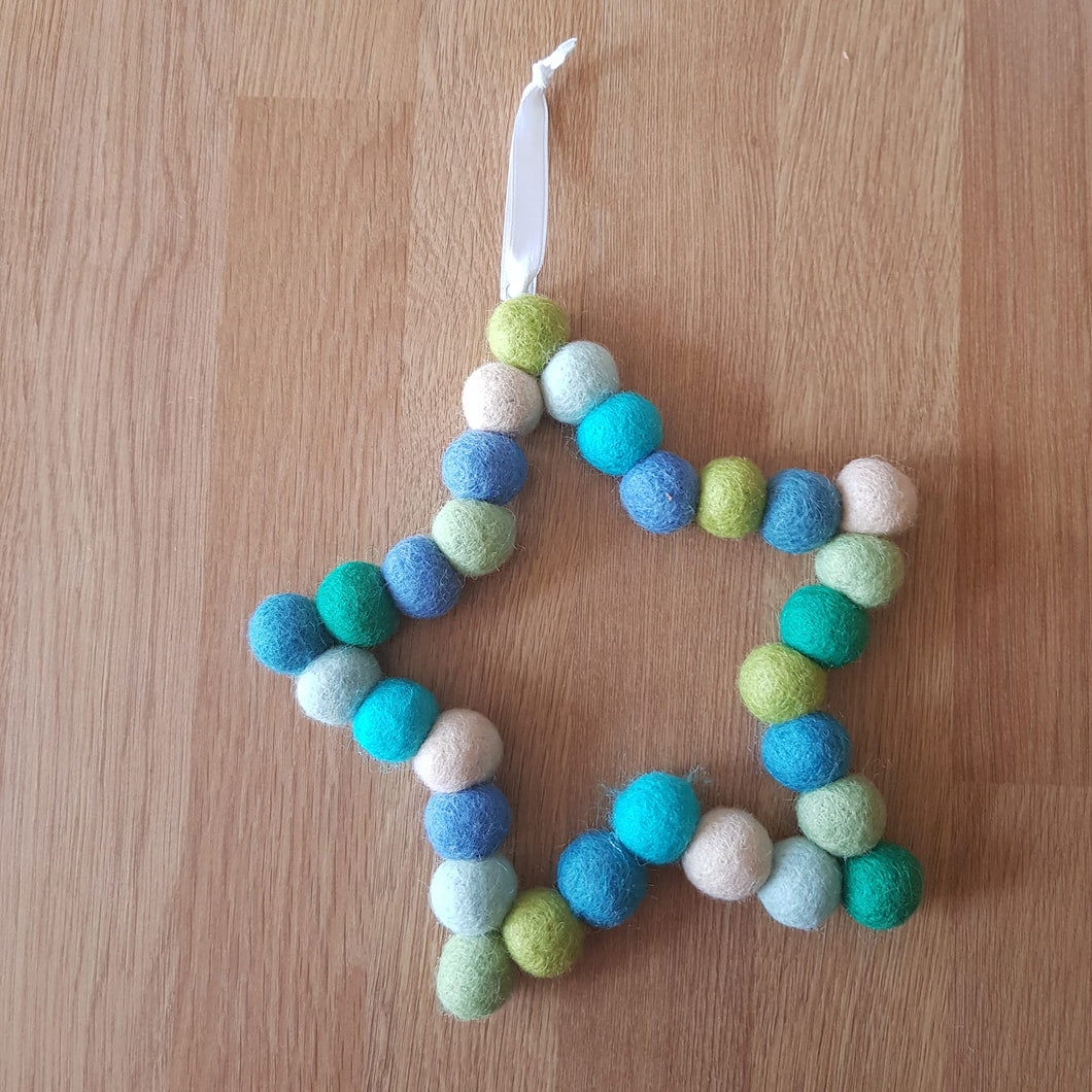 Felt Ball Star - Blues/Greens - Felt Ball Hanging Decoration - Useless Buttons