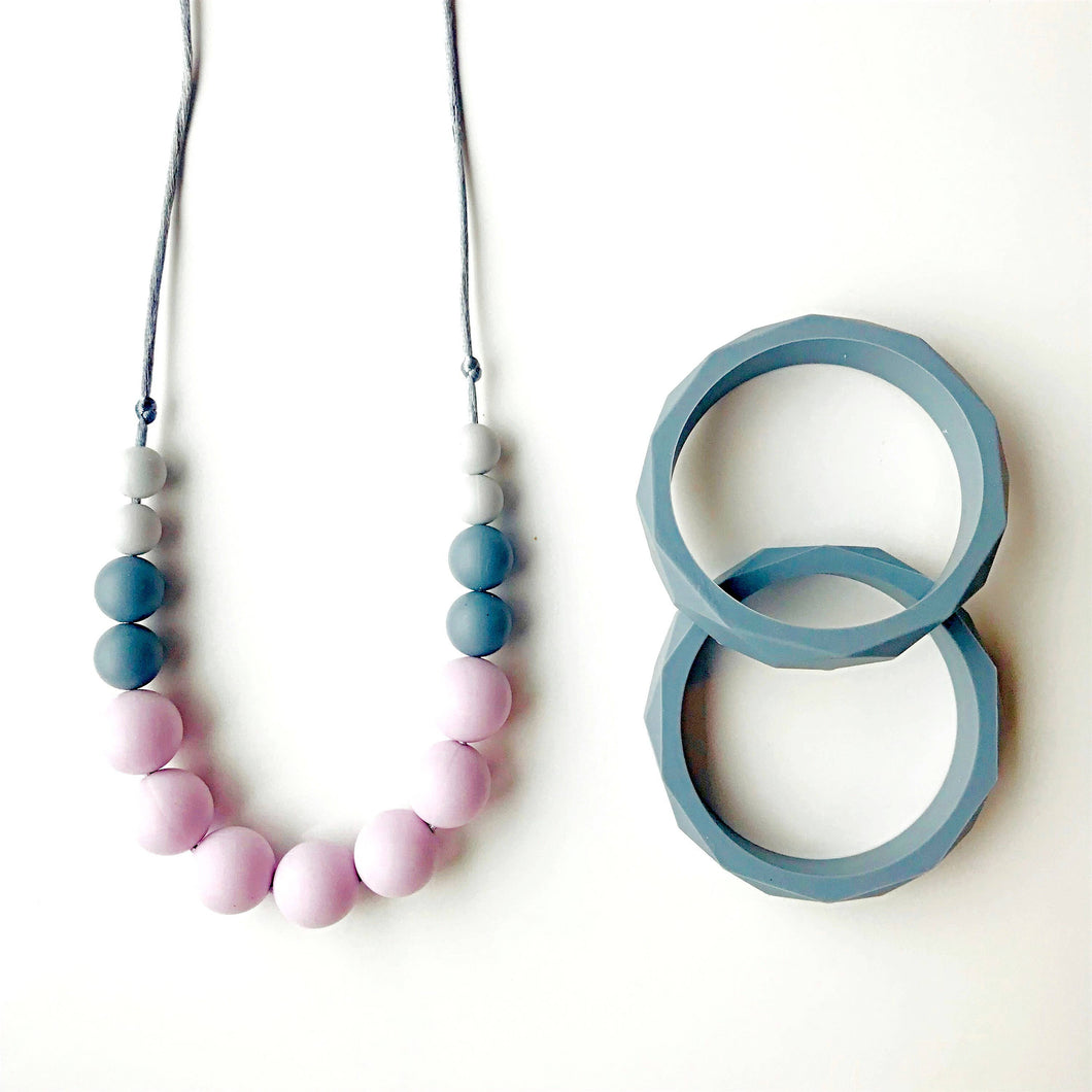 Teething Necklace - Betty - Lilac & Greys - Silicon Bead Teething Jewellery - Mama Knows