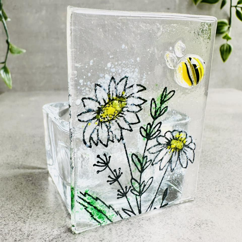Glass Tea light - Daisy - Floral Wishes - Tealight Candle holder - Twice Fired