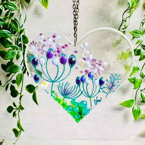 Glass Decoration - Hanging Heart Glass Decoration - Summer Meadow - Twice Fired