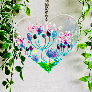 Glass Decoration - Hanging Heart Glass Decoration - Summer Meadow - Twice Fired