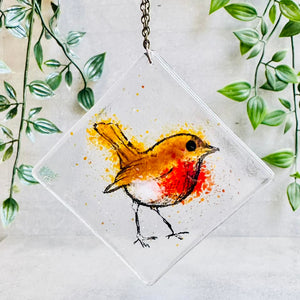 Robin Hanging Glass Decoration - Fused Glass - Twice Fired