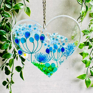 Glass Decoration - Hanging Heart Glass Decoration - Summer Meadow - Twice Fired