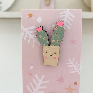 Smiley Cactus Wooden Pin Badge - Squirrelbandit