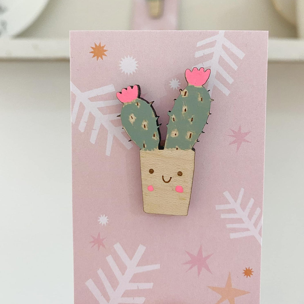 Smiley Cactus Wooden Pin Badge - Squirrelbandit