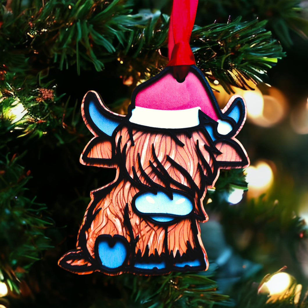 Highland Cow Christmas Hanging Decoration - Santa Hat - Wooden ornament - Different Colours - The Crafty Little Fox