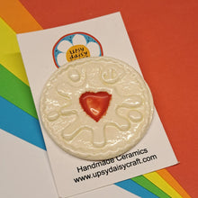 Load image into Gallery viewer, Ceramic Brooch - Jammie Dodger Biscuit - Upsydaisy Craft

