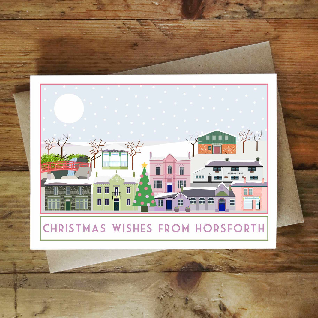 Christmas Wishes from Horsforth greetings card - tourism poster inspired - Sweetpea and Rascal - Yorkshire scenes