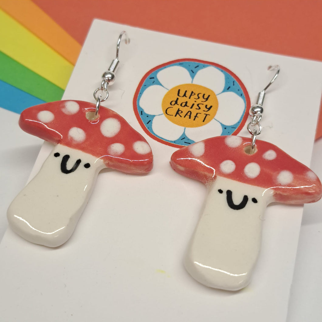 Statement Ceramic Toadstool/Mushroom Dangle Earrings - Upsydaisy Craft