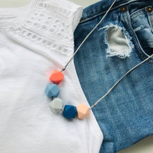 Load image into Gallery viewer, Teething Necklace - Blues / Grey / Peach - Geometric Bead Silicone Teething Jewellery - Mama Knows
