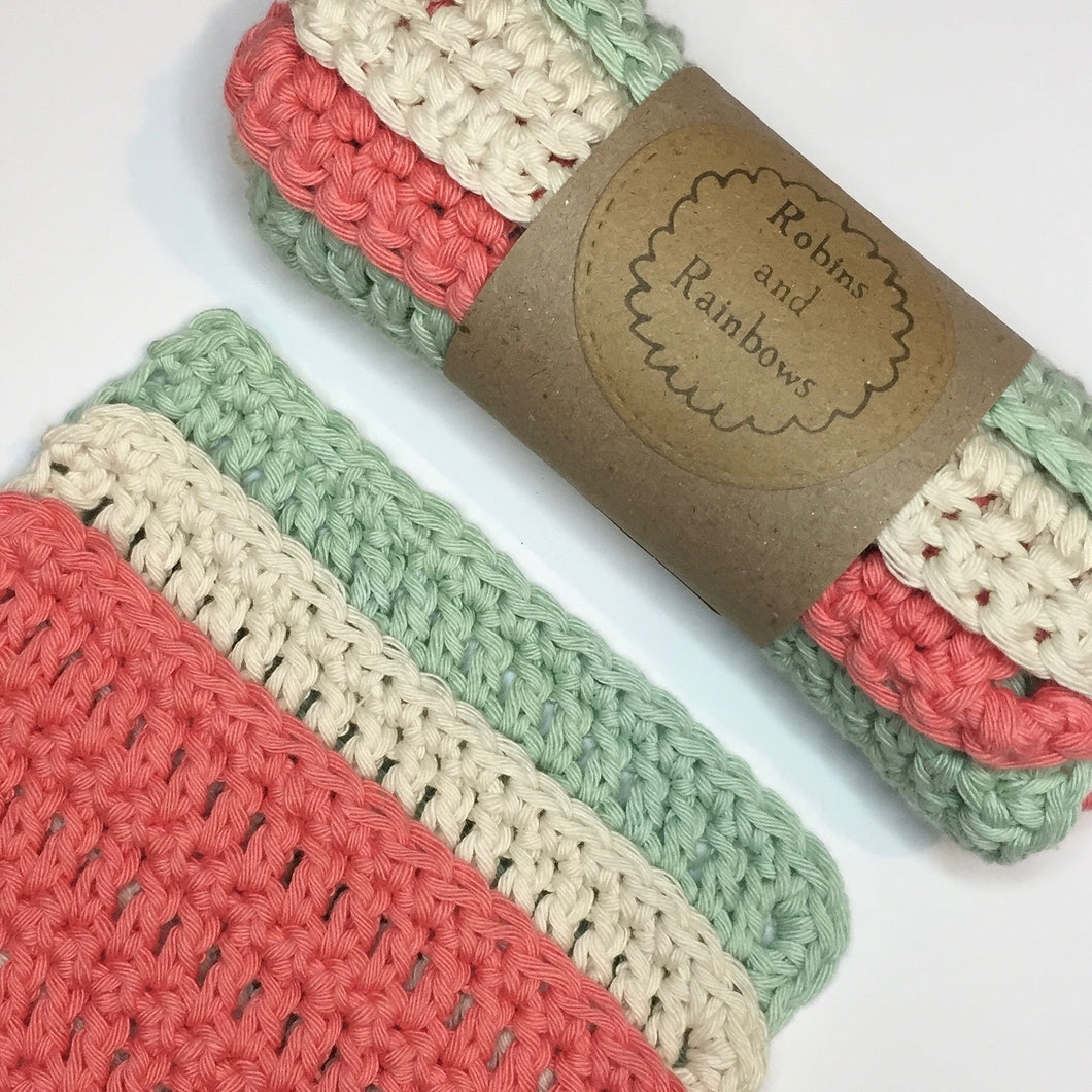 Cotton face cloths - crochet washcloths - Green/Coral/Natural - Robins and Rainbows