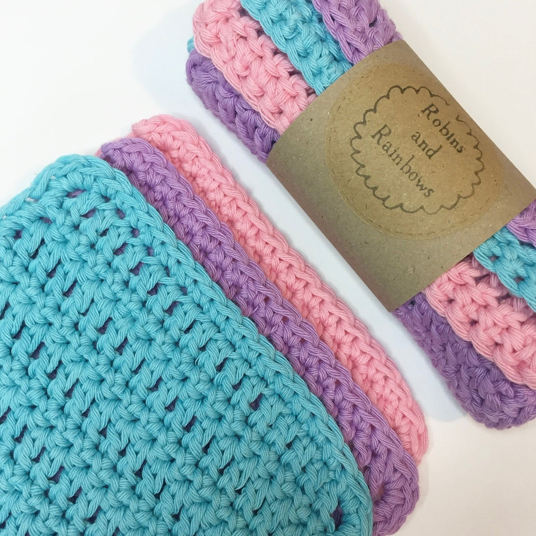 Cotton face cloths - crochet washcloths - Pink/Purple/Blue - Robins and Rainbows
