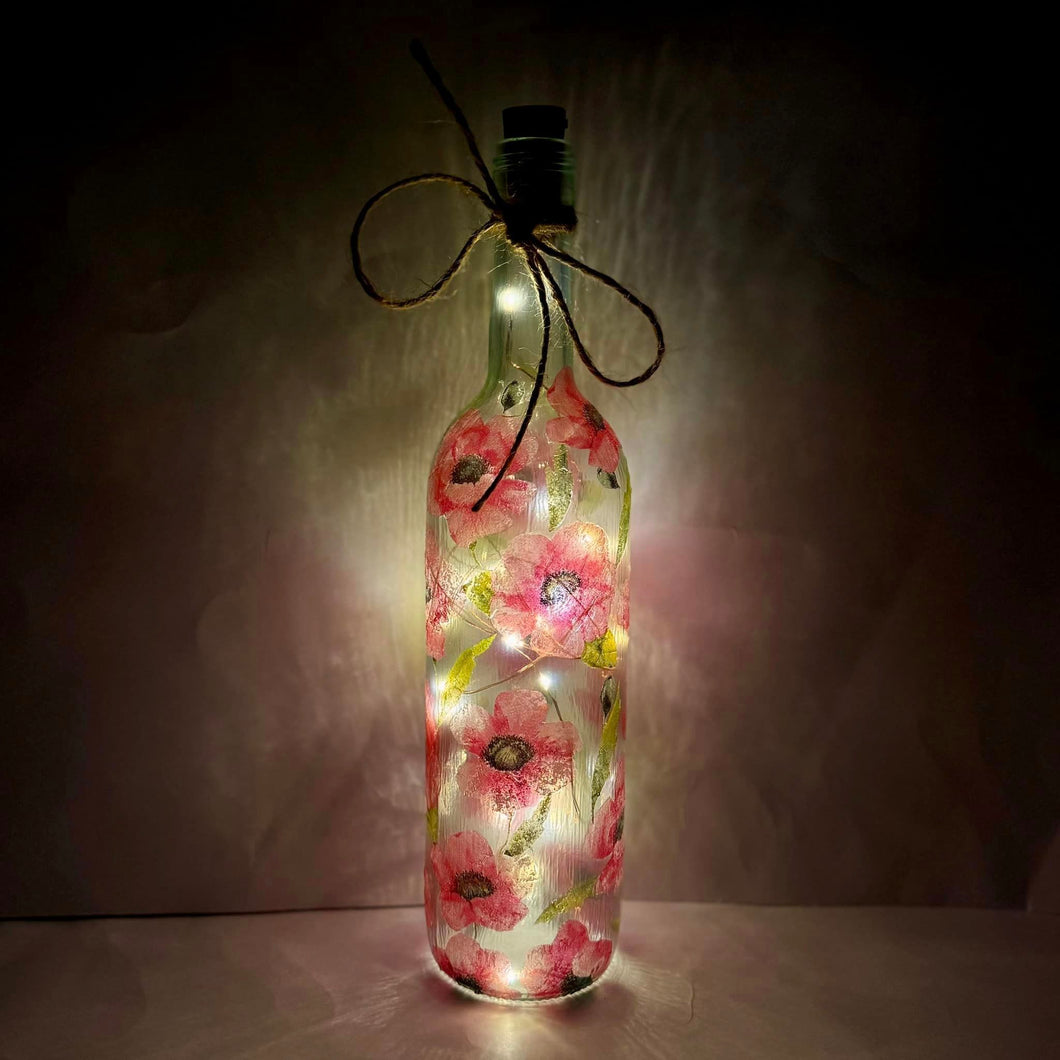 Decoupaged Light up Bottle -Poppies Design - The Upcycled Shop
