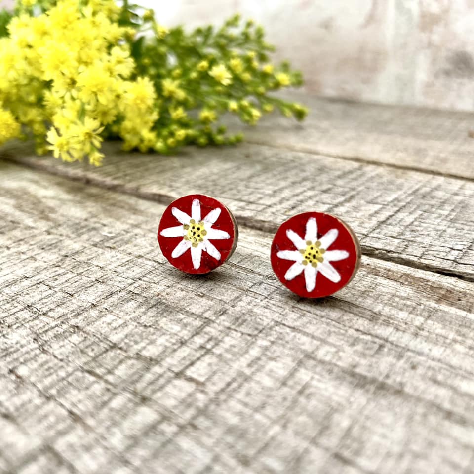 Daisy Studs - Red - Natural Cork Jewellery - Incorknito Designs