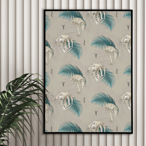 Print - Palms and Leaves with Skulls Pattern in Cream - A3 Print - Full Mistica