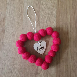 Mini Felt Ball Love Heart - Red - Felt Ball Hanging Decoration - Useless Buttons