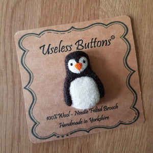 Penguin - Needle Felted Brooch - Useless Buttons