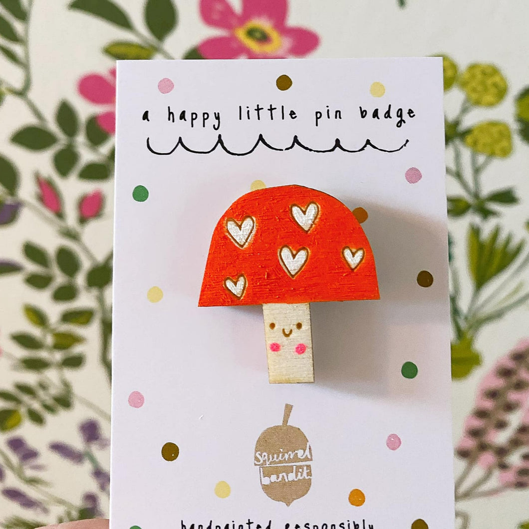 Toadstool Wooden Pin Badge - Squirrelbandit