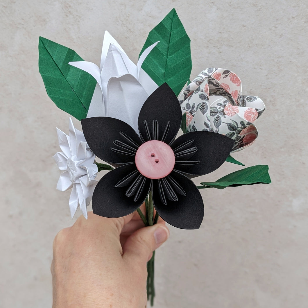 Black and White Origami Posy with Leaves - Origami Blooms