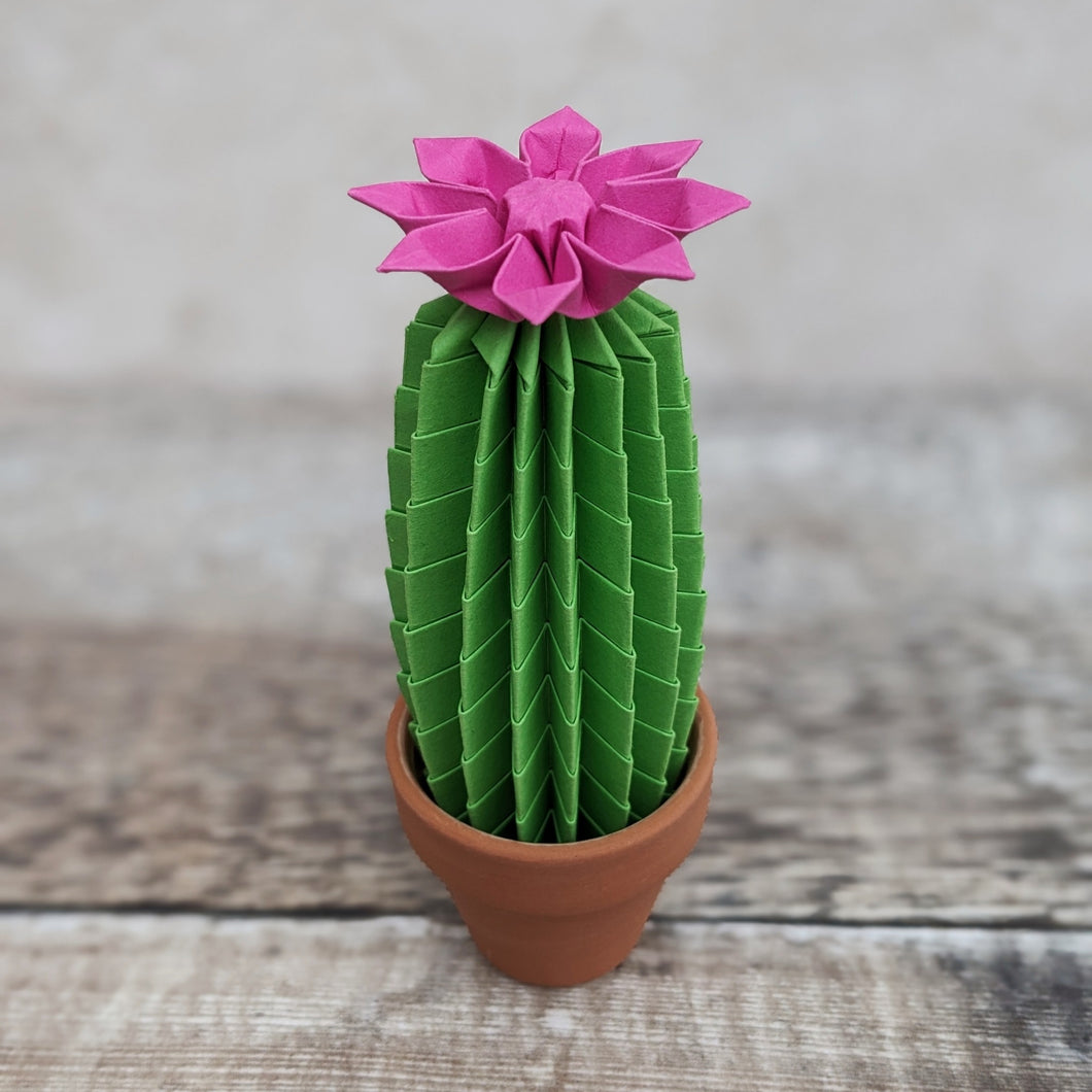Tall Origami Cactus With Pink Flower - Paper Cacti - Origami Blooms