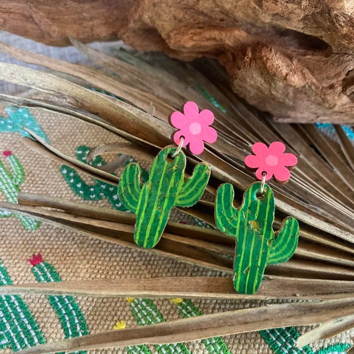 Cactus with Pink Flower Drop Earrings - Natural Cork Jewellery - Incorknito Designs