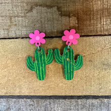 Load image into Gallery viewer, Cactus with Pink Flower Drop Earrings - Natural Cork Jewellery - Incorknito Designs
