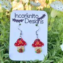 Load image into Gallery viewer, Fairy Toadstool House Hook Earrings - Natural Cork Jewellery - Incorknito Designs
