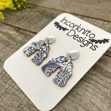 Load image into Gallery viewer, Blue Botanical  Wavy Arch Drop Earrings - Natural Cork Jewellery - Incorknito Designs
