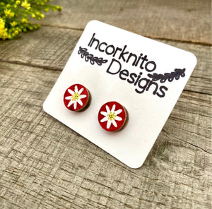 Daisy Studs - Red - Natural Cork Jewellery - Incorknito Designs