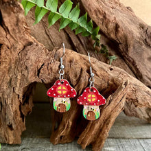 Load image into Gallery viewer, Fairy Toadstool House Hook Earrings - Natural Cork Jewellery - Incorknito Designs
