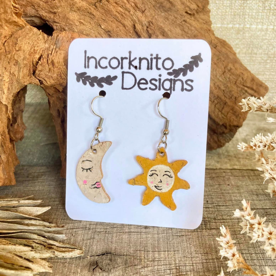 Sun and Moon Mismatched Hook Earrings - Natural Cork Jewellery - Incorknito Designs