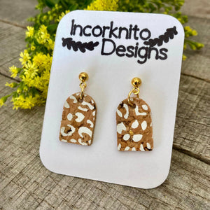 Natural and White Leopard Print Arch Drop Earrings - Natural Cork Jewellery - Incorknito Designs