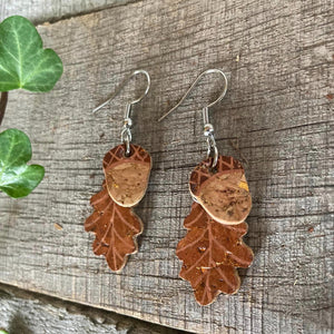 Acorn and Oak Leaf Hook Earrings - Natural Cork Jewellery - Incorknito Designs