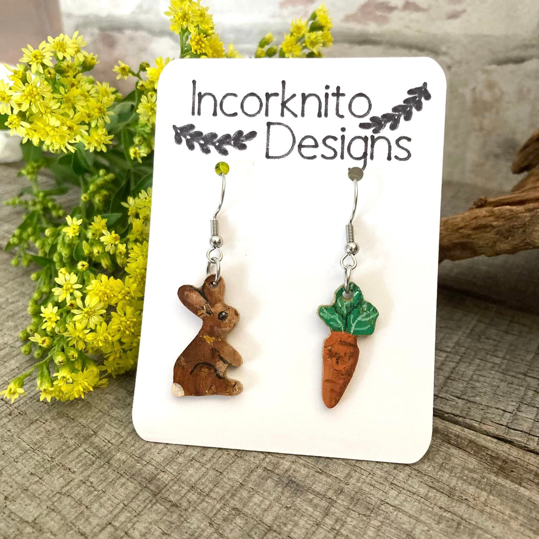 Rabbit and Carrot Hook Earrings - Natural Cork Jewellery - Incorknito Designs