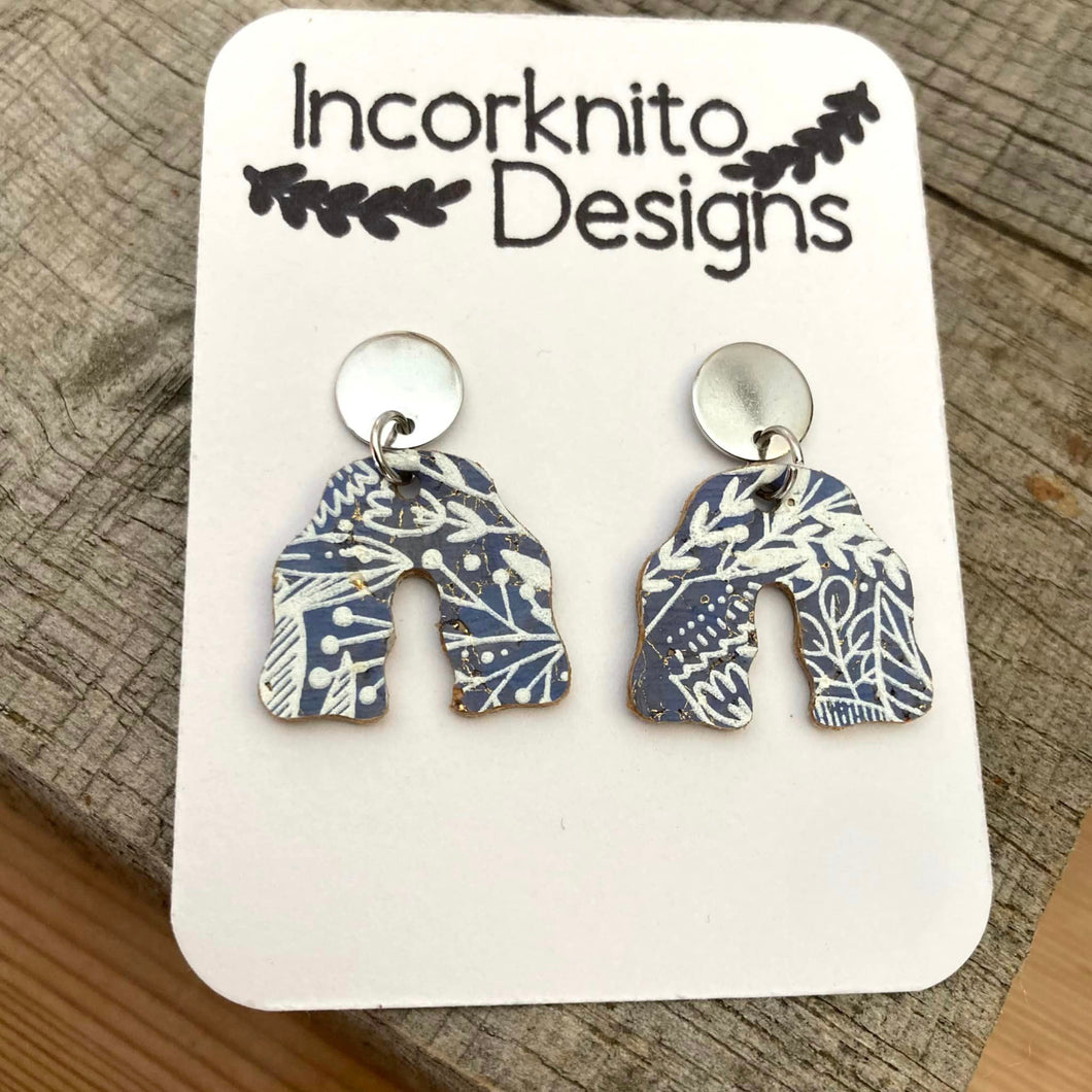 Blue Botanical  Wavy Arch Drop Earrings - Natural Cork Jewellery - Incorknito Designs