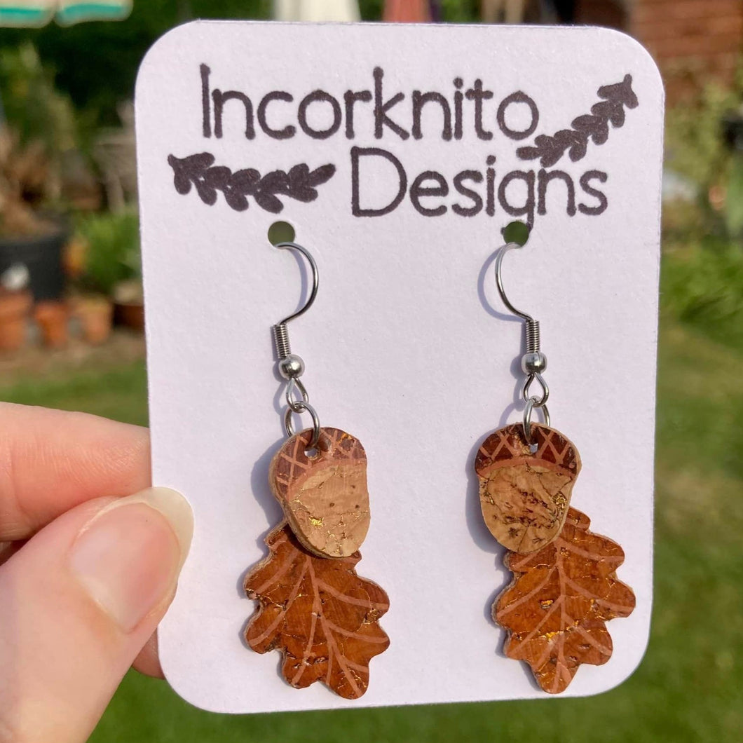 Acorn and Oak Leaf Hook Earrings - Natural Cork Jewellery - Incorknito Designs