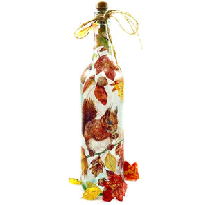 Decoupaged Light up Bottle - Squirrel and Autumn Leaves Design - The Upcycled Shop