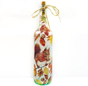 Decoupaged Light up Bottle - Squirrel and Autumn Leaves Design - The Upcycled Shop