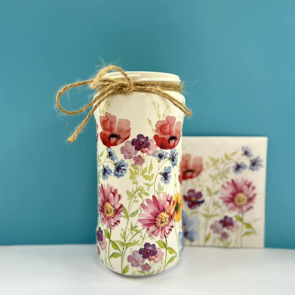Decoupaged Large Jar - Poppies And Wild Flowers Design - The Upcycled Shop